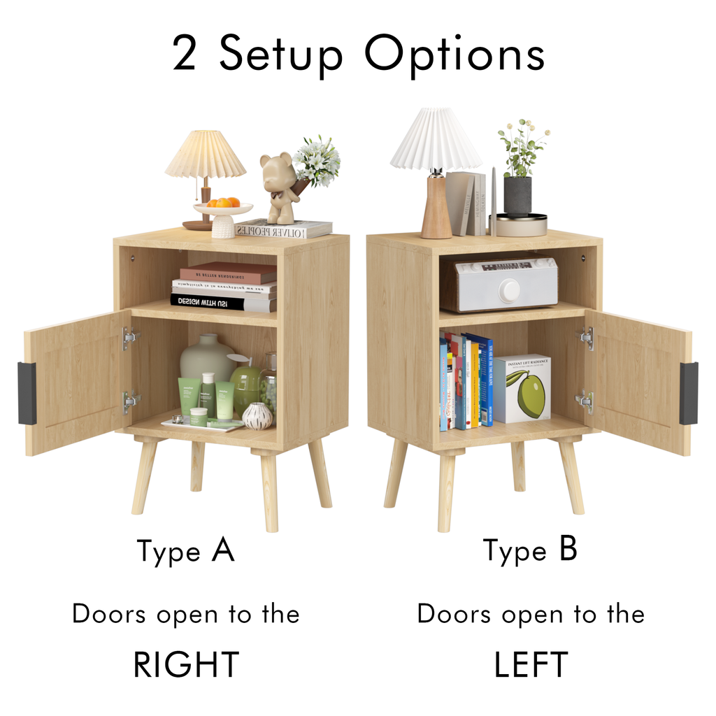 Oak Finish Rattan Nightstand with Solid Wood Legs, 22.83'' H Side Table with Door and Open Shelf for Bedroom, Dorm, and Small Spaces - Grand Goldman Shop