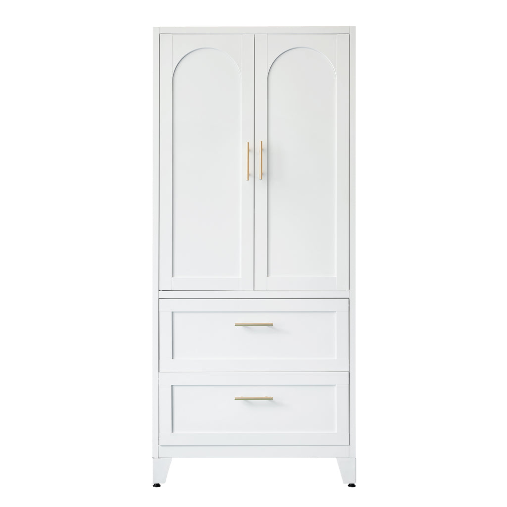 71' Tall Metal Wardrobe Cabinet with 2 Drawers and Hanging Rod, 2 Doors Wardrobe Closet with Shelf for Bedroom, Office, Laundry Room,Entryway ,Foyer,Guesthouse (White) - Grand Goldman Shop