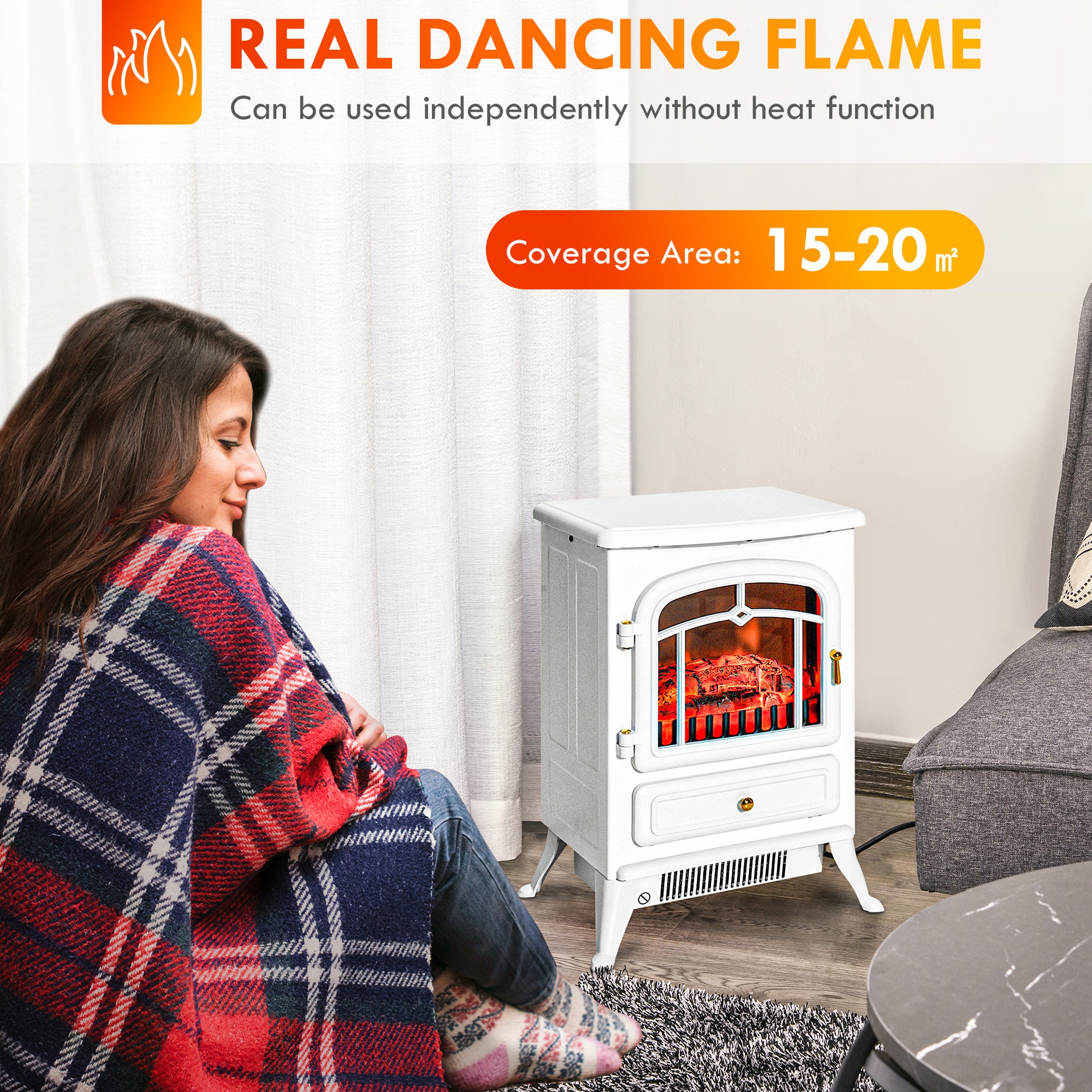 22' Electric Fireplace Heater, Freestanding Fire Place Stove with Realistic LED Flames and Logs, and Overheating Protection, 750W/1500W, White - Grand Goldman Shop