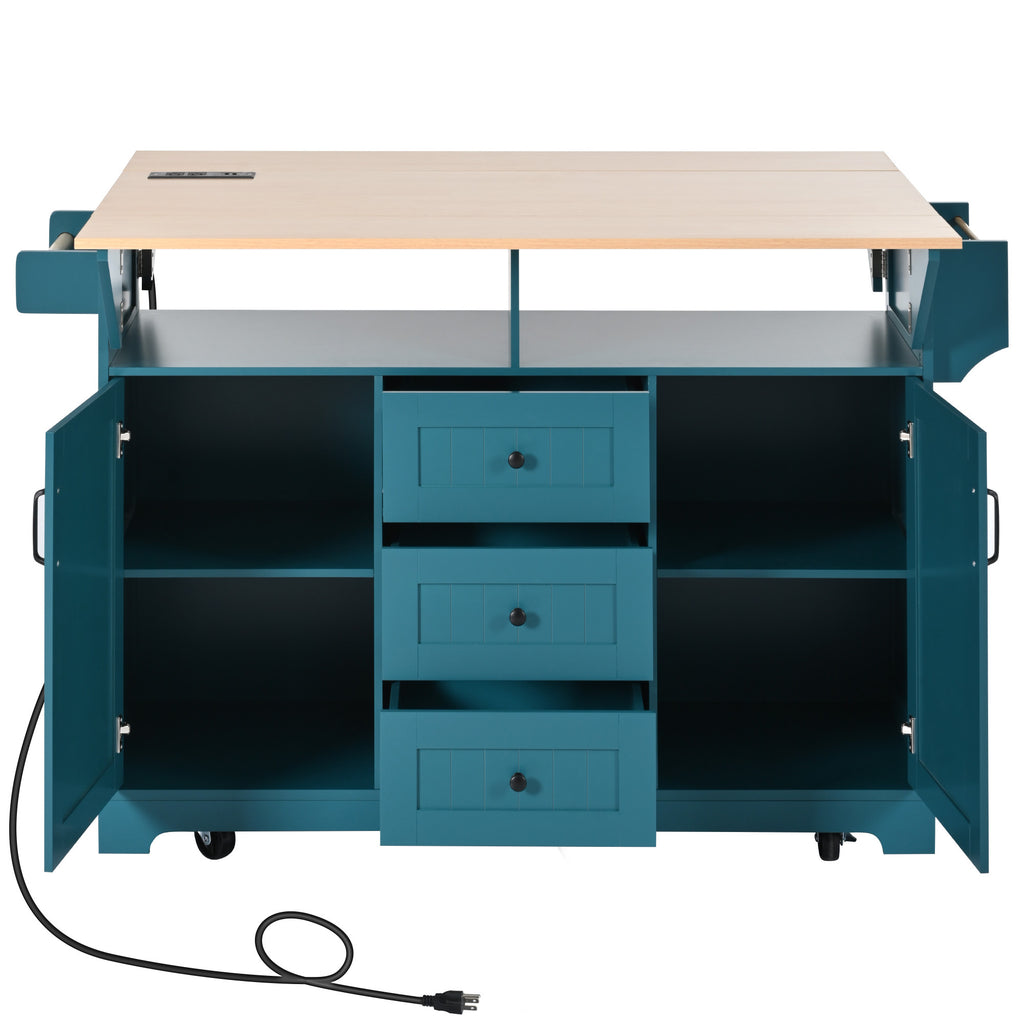K&K 55.7'' Large Kitchen Island with 2 Drop Leaf,, Rolling Kitchen Cart on 5 Wheels with Power Outlet, Folding Storage Dining Table with Spice & Towel Rack , 3 Drawers, for Kitchen, Dining Room,Green - Grand Goldman Shop