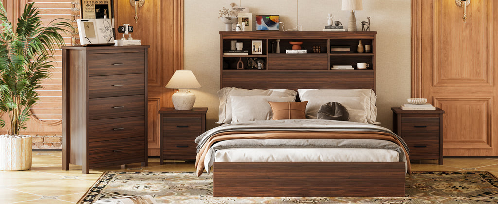 4PCS Bedroom Sets, Wooden Queen Size Bed Frame with Storage Headboard and Charging Station, 2 Nightstands with 2 Drawers, 1 Dresser with 5 Drawers, Walnut(old SKU HL000102AAD) - Grand Goldman Shop