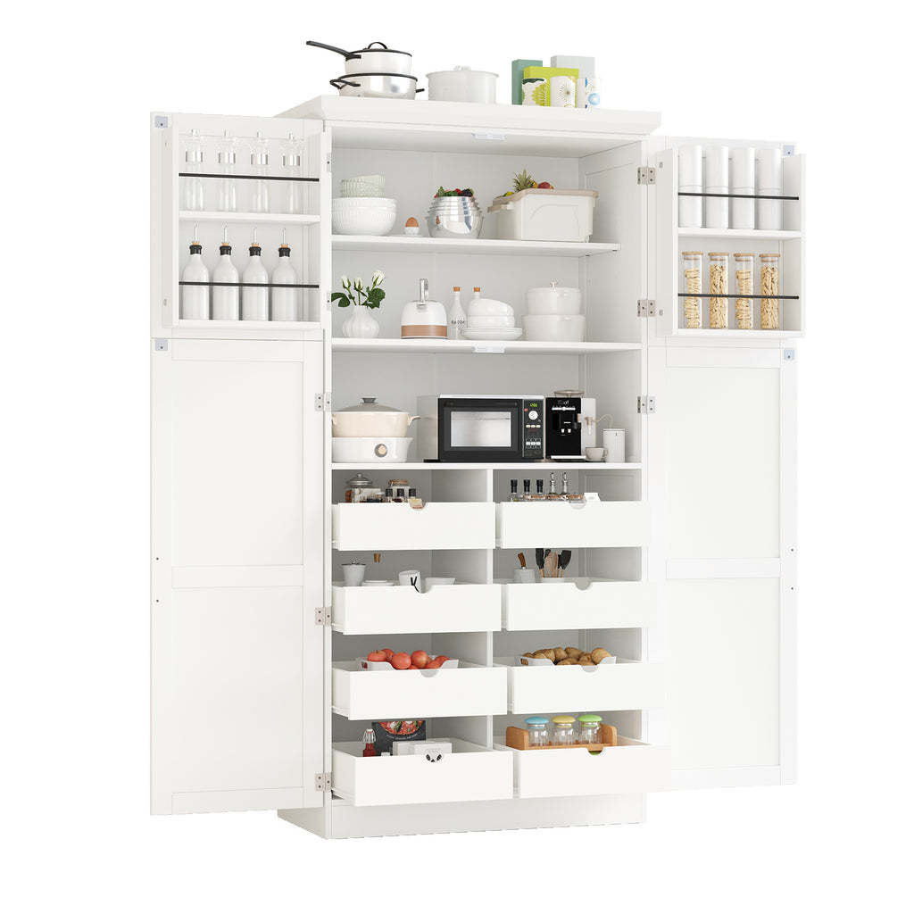 [Assembly Video Provided] TOPMAX 35.5x17.6x70.9inch Freestanding Kitchen Pantry Cabinet, Tall Storage Cabinet with 4 Doors, 2 Door Shelves, 8 Pull-out Trays and Adjustable Shelf for Dining Room, White - Grand Goldman Shop