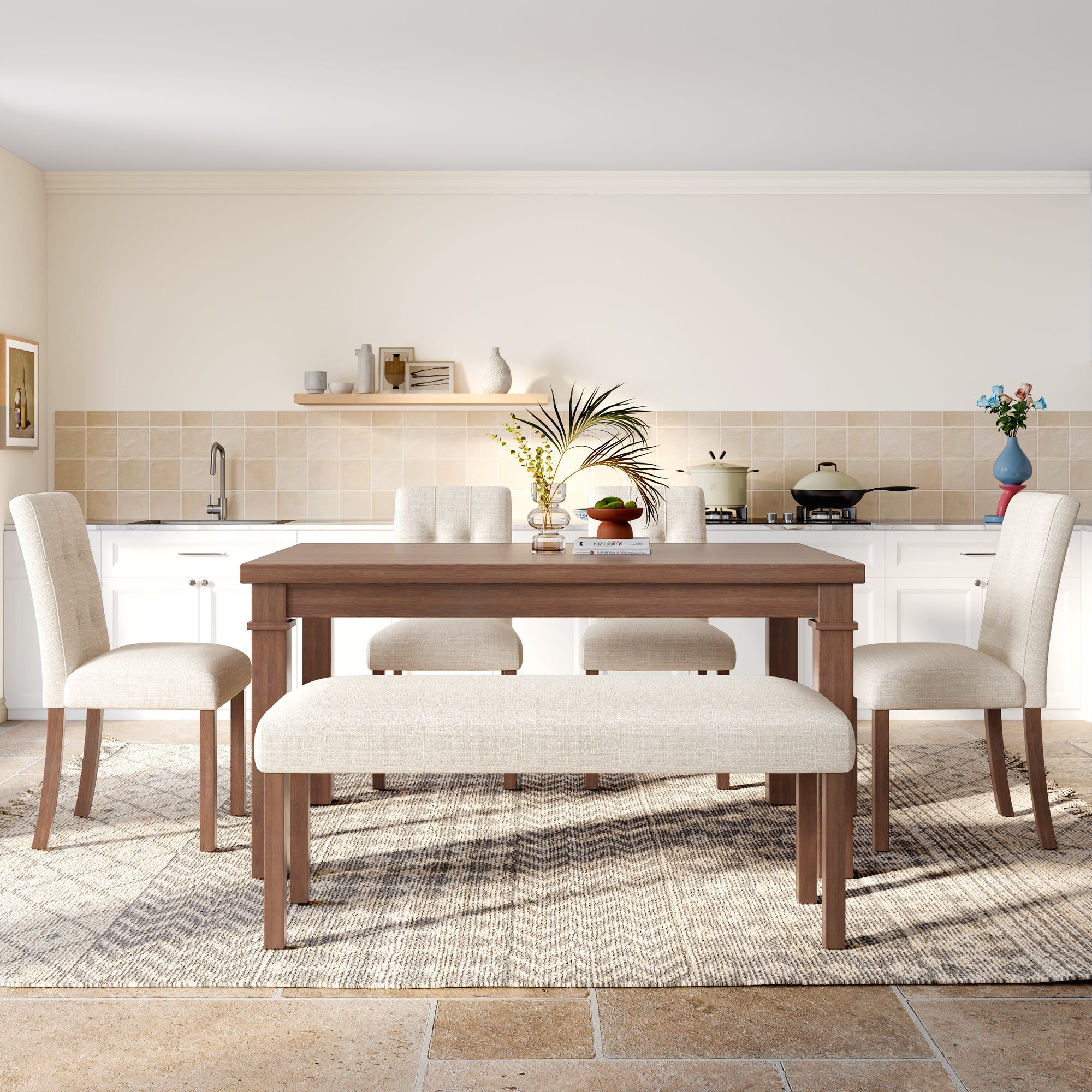 6-Piece Modern Dining Set, Rectangle Kitchen Table with 4 Upholstered Chairs & Bench, Ideal for Dining Room and Living Room, (Easy Assembly, Space Saving) - Grand Goldman Shop