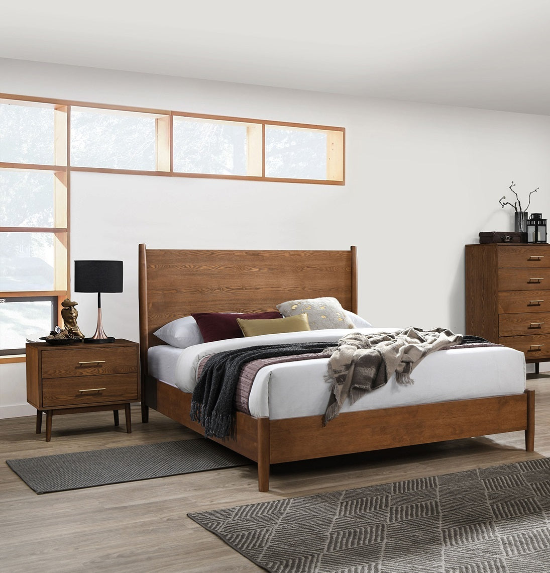 Walnut Color Panel Headboard 3pc Bedroom Set Eastern King Size Bed 2x Nightstands Wooden Mid-Century Modern Style - Grand Goldman Shop
