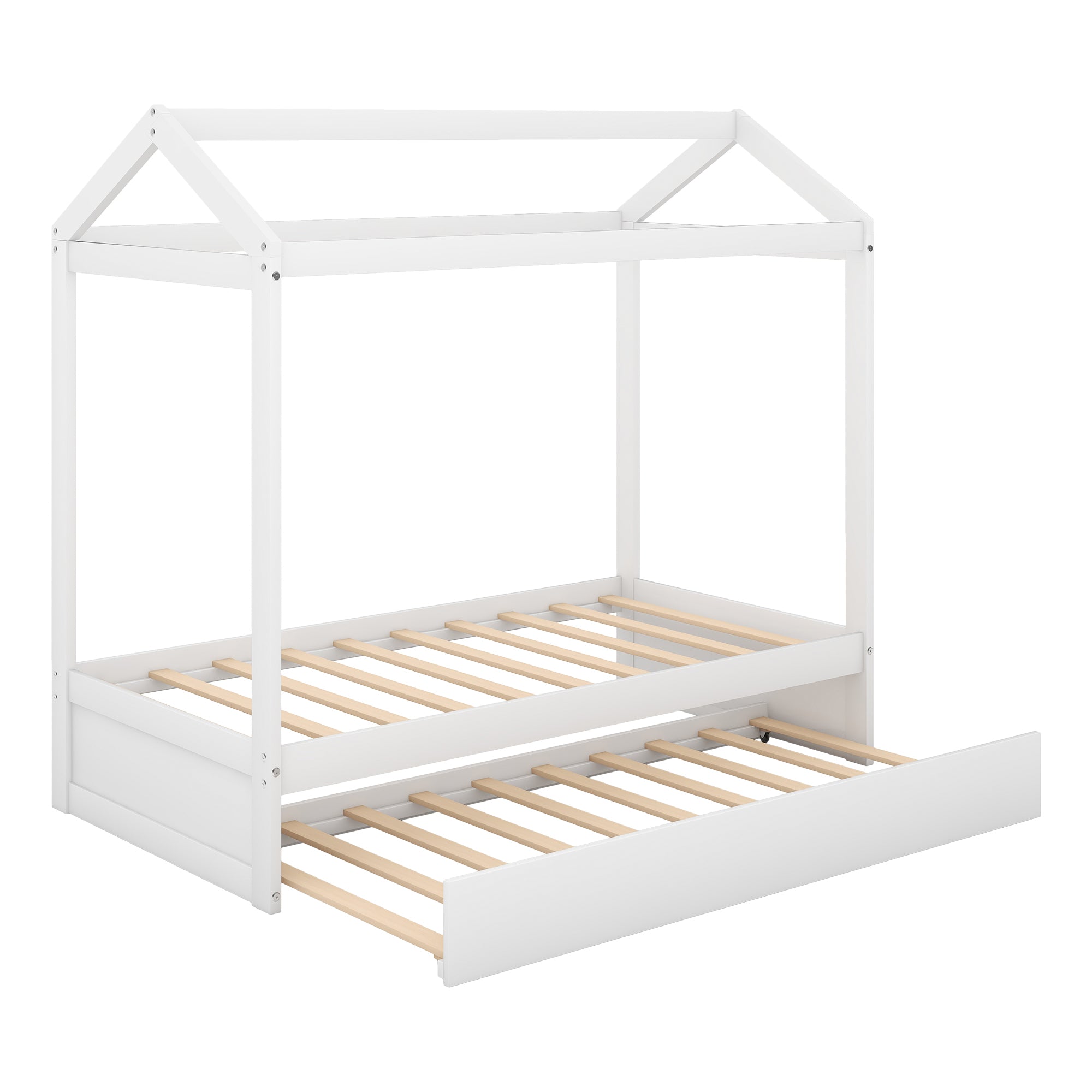 House Bed with Trundle in White, Pine Wood and MDF, Twin Size, Pre-Drilled Holes for Easy Assembly - Grand Goldman Shop