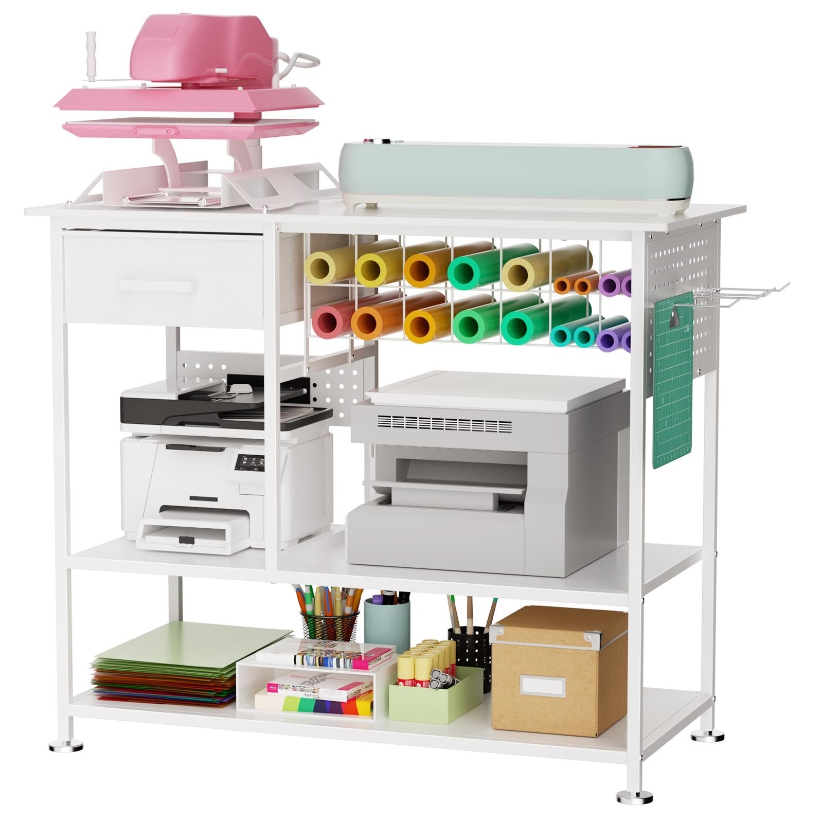 Large Heat Press Table with Charging Station, Movable Metal Workbench with Vinyl Storage and Drawer for DIY Sublimation, T-Sh