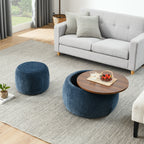 Dark Blue Round Storage Ottoman with 2 in 1 Function as End Table and Ottoman, Eucalyptus Wood and Foam, 25'x25'x14.7' - Grand Goldman Shop