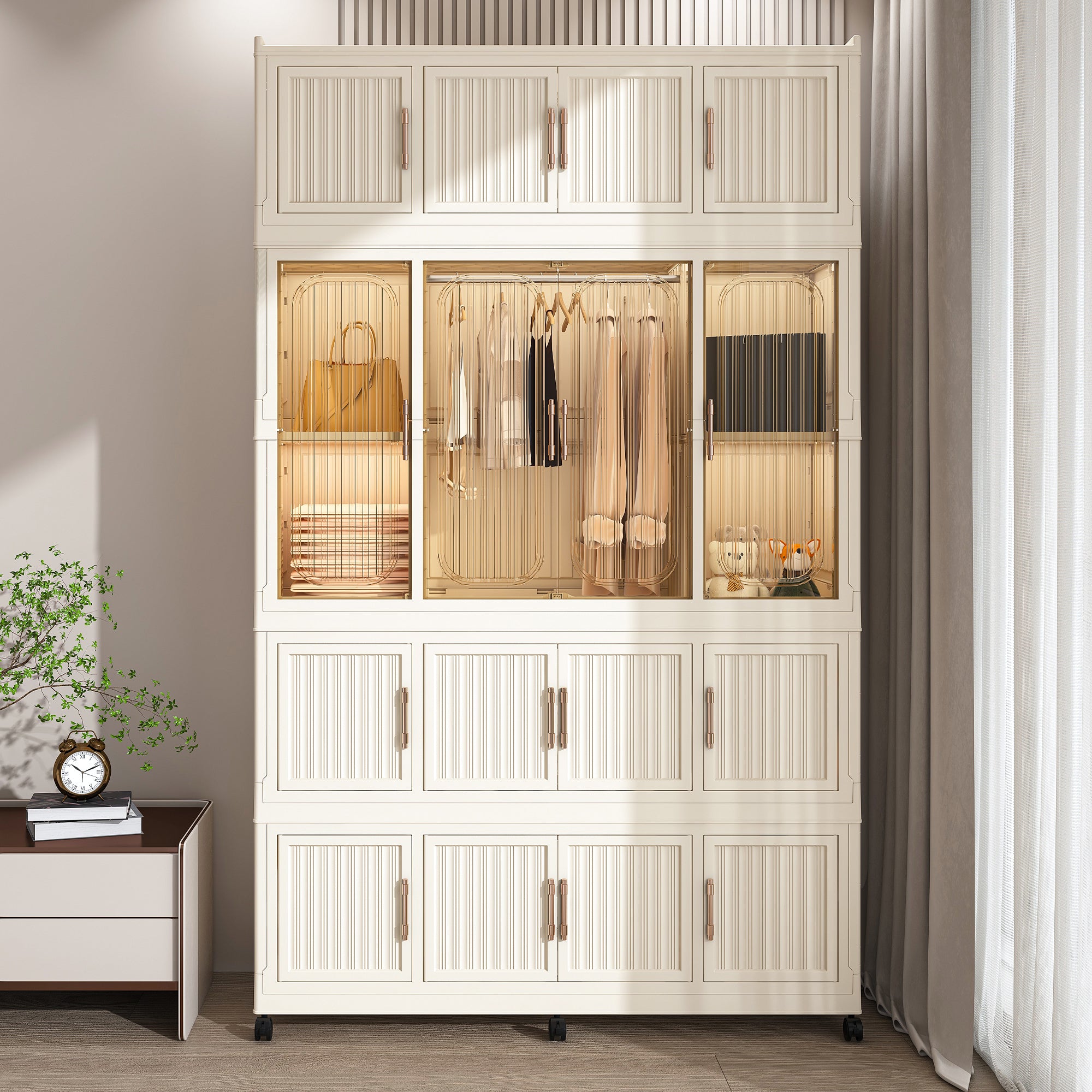 Portable Wardrobe Closet Storage Organizer with 17 Magnetic Doors, 17 Cubes, Hanging Rod & 6 Hangers, Creamy White Polypropylene Closet for Clothes, Baby Items, and Household Storage - Grand Goldman Shop