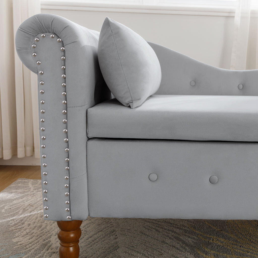 Grey Chaise Lounge Indoor, Velvet Lounge Chair for Bedroom with Storage & Pillow, Modern Upholstered Rolled Arm Chase Lounge for Sleeping with Nailhead Trim for Living Room Bedroom Office - Grand Goldman Shop
