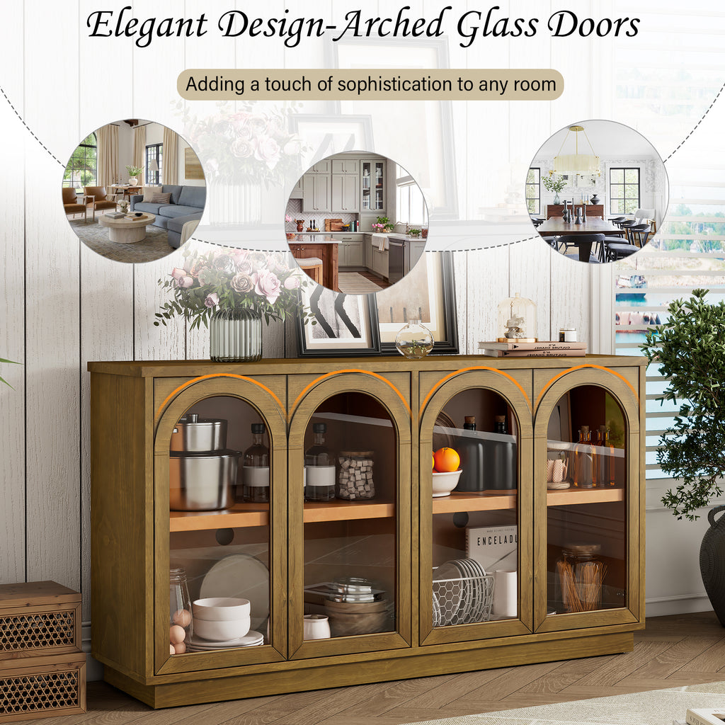 TREXM 4-Door Large Storage Buffet Cabinet with Glass Doors, Arched Cabinet with Adjustable Shelves for Kitchen, Dining Room and Living Room (Old Pine) - Grand Goldman Shop