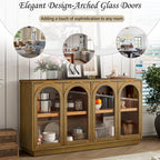 TREXM 4-Door Large Storage Buffet Cabinet with Glass Doors, Arched Cabinet with Adjustable Shelves for Kitchen, Dining Room and Living Room (Old Pine) - Grand Goldman Shop