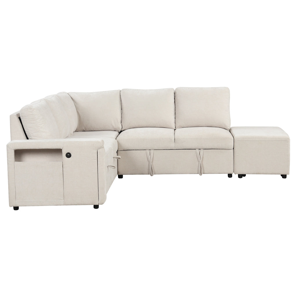 U_STYLE L-shaped Pull-Out Sofa Bed with Storage, USB Ports, and Cup Holders, Modular Design for Living Rooms, Offices & Apartments - Grand Goldman Shop
