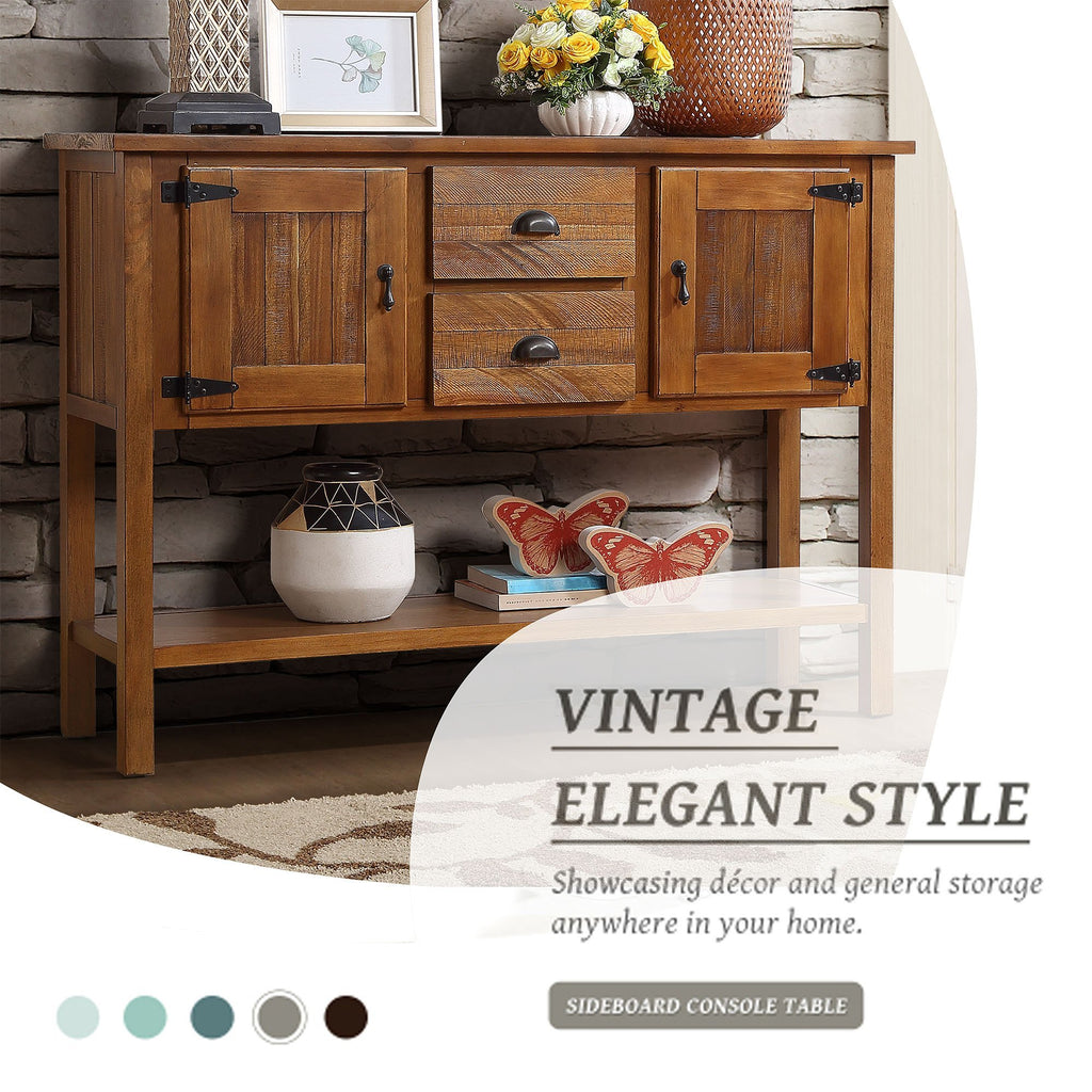 46'' Solid Wood Sideboard Console Table with 2 Drawers and Cabinets and Bottom Shelf, Retro Style Storage Dining Buffet Server Cabinet for Living Room Kitchen Dining Room(Brown) - Grand Goldman Shop