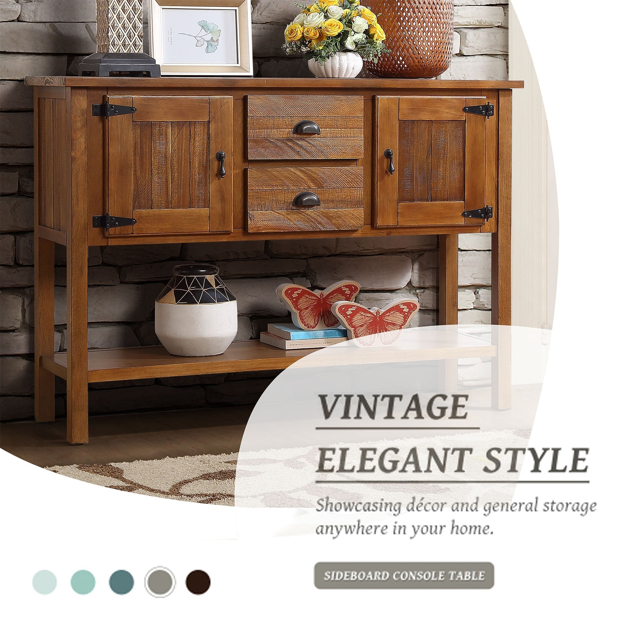 46'' Solid Wood Sideboard Console Table with 2 Drawers and Cabinets and Bottom Shelf, Retro Style Storage Dining Buffet Server Cabinet for Living Room Kitchen Dining Room(Brown) - Grand Goldman Shop