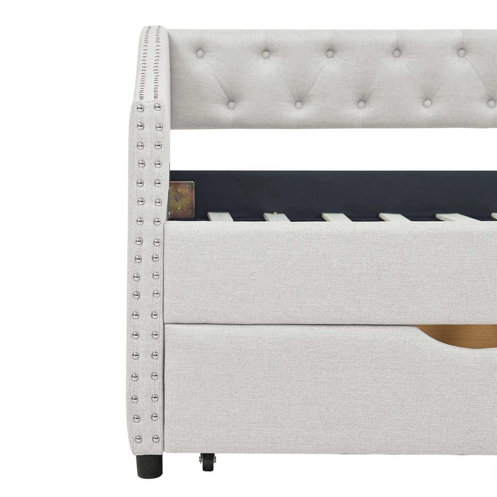 Mid-Century Twin Size Daybed with Drawers, Button Tufted Back and Copper Nail Trimmed Waved Arms, Beige Linen Upholstery, 81.5''x41''x30.5'' - Grand Goldman Shop