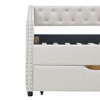 Mid-Century Twin Size Daybed with Drawers, Button Tufted Back and Copper Nail Trimmed Waved Arms, Beige Linen Upholstery, 81.5''x41''x30.5'' - Grand Goldman Shop