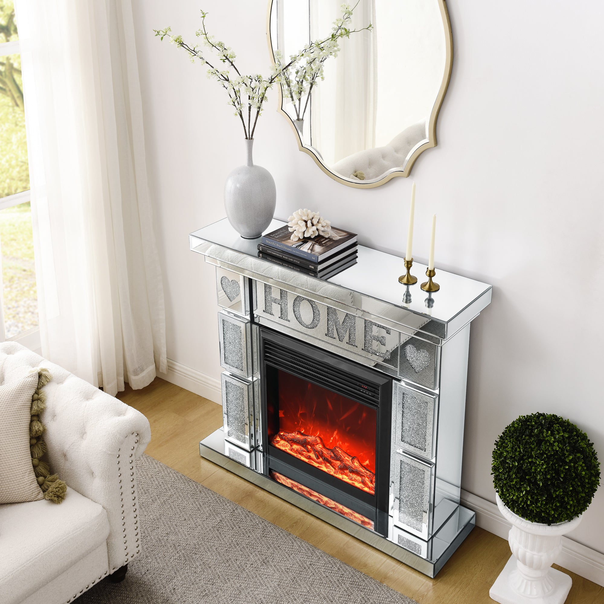 W 46' X D 12.6 X H 41 ' Acrylic diamond mirror fireplace cabinet, TV fireplace cabinet - Grand Goldman Shop