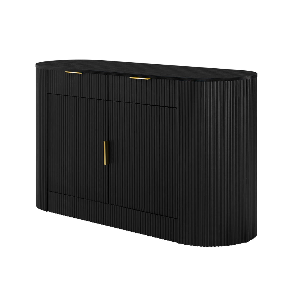 U_STYLE 55.1' Modern Storage Cabinet – 2 Doors & 2 Drawers, Stripe MDF Sideboard with Aluminum Handles, Curved Side Door & 3-Tier Shelves, Buffet Cabinet for Living Room, Bedroom, Dining Room - Grand Goldman Shop