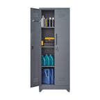 Grey Heavy Duty Metal Storage Cabinet with Locking Doors, Hanging Rod & Shelves, 65' H Broom Closet for Garage or Basement - 