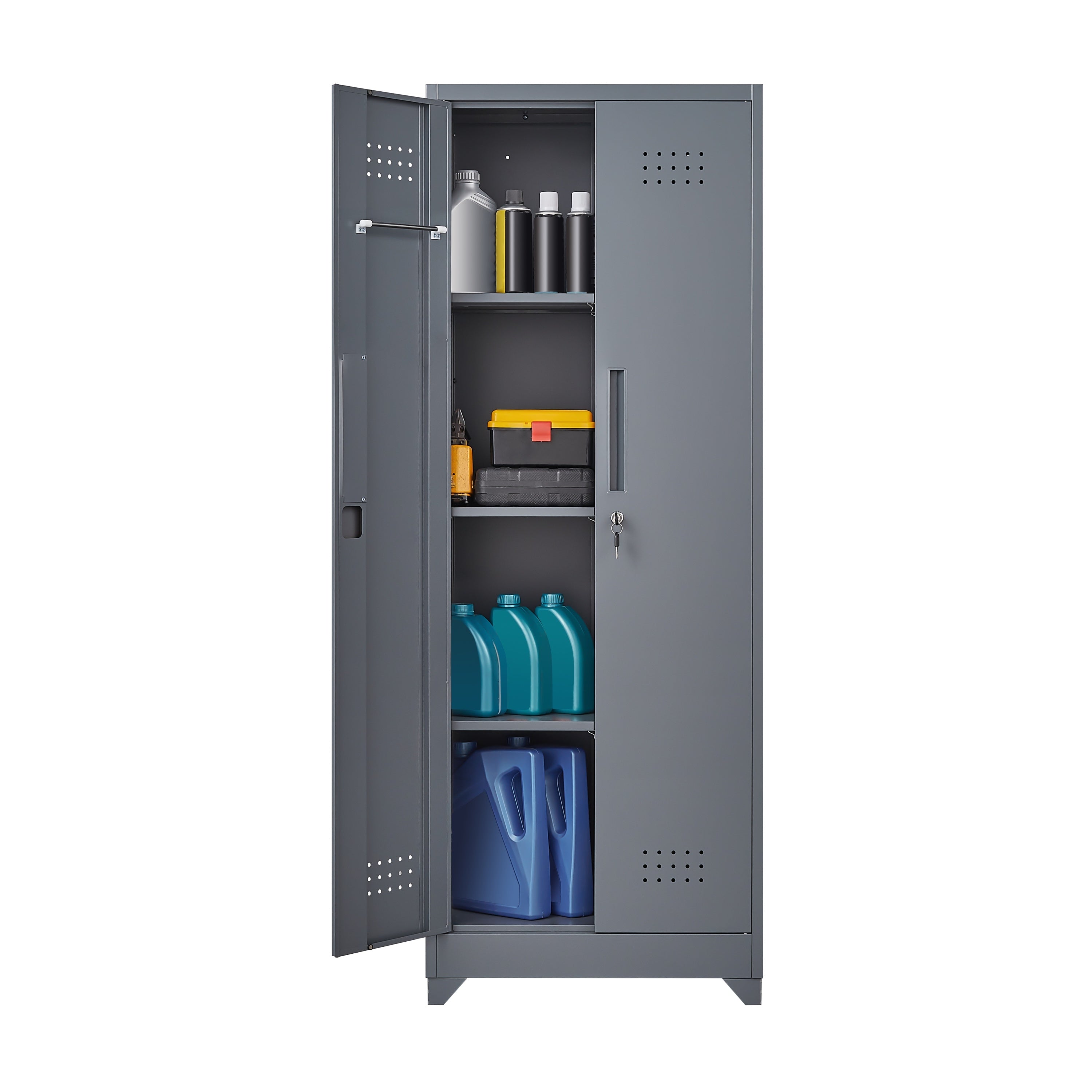 Grey Heavy Duty Metal Storage Cabinet with Locking Doors, Hanging Rod & Shelves, 65' H Broom Closet for Garage or Basement - 