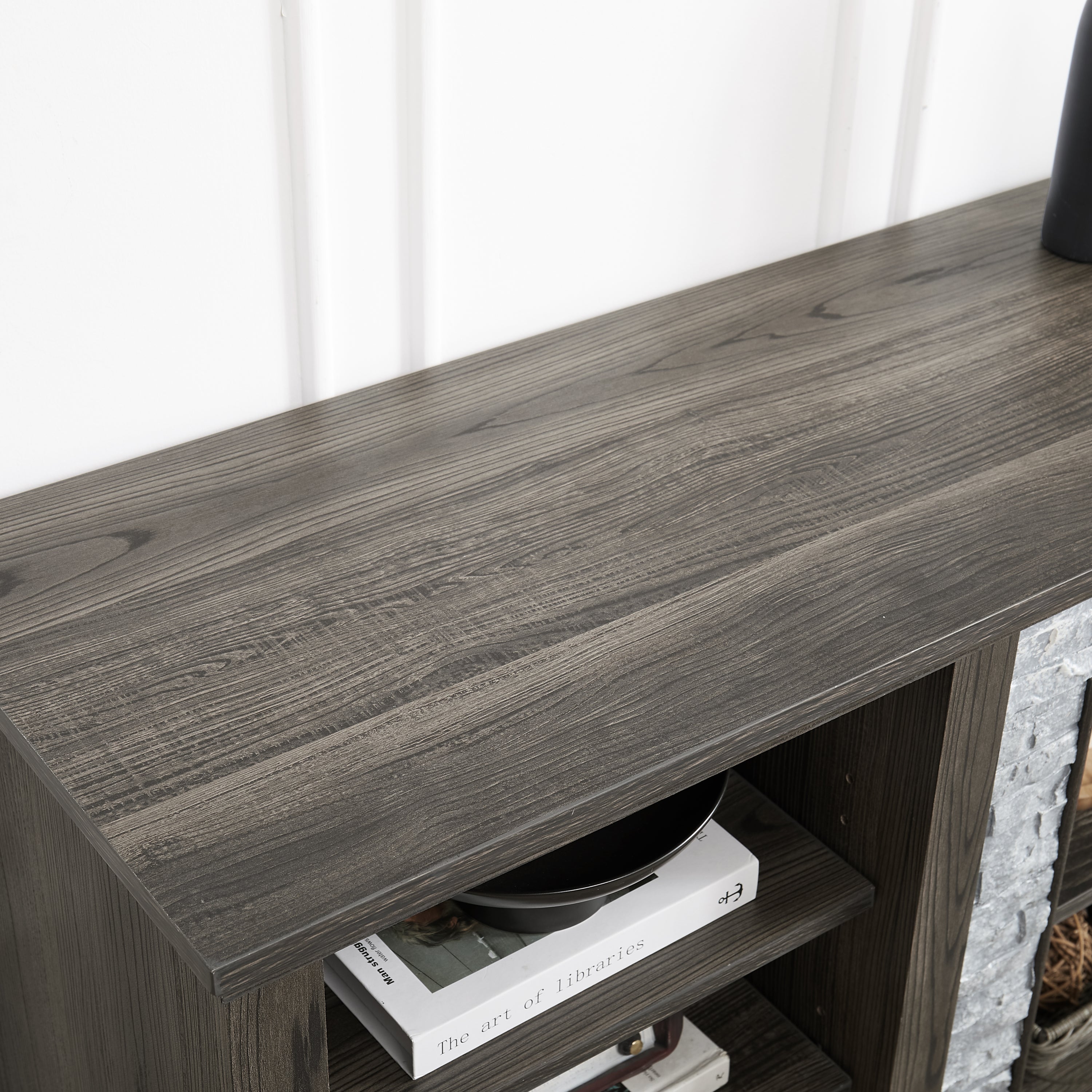 Large TV Stand TV Desk Storage Rack with Faux Stacked Stone Surround,Media Console Table with Large Storage Cabinet,Modern TV Media Entertaionment Stand,GREY, 70.12'W*15.35'D*25.83'H - Grand Goldman Shop
