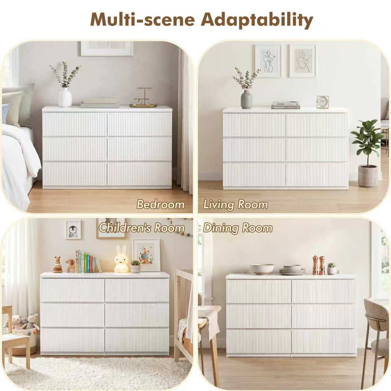 Modern White 6 Drawer Dresser, Wave Panel Drawer Fronts, Storage Cabinet, Versatile Chest of Drawers for Bedroom, Living Room - Sleek & Spacious Home Storage Solution - Grand Goldman Shop