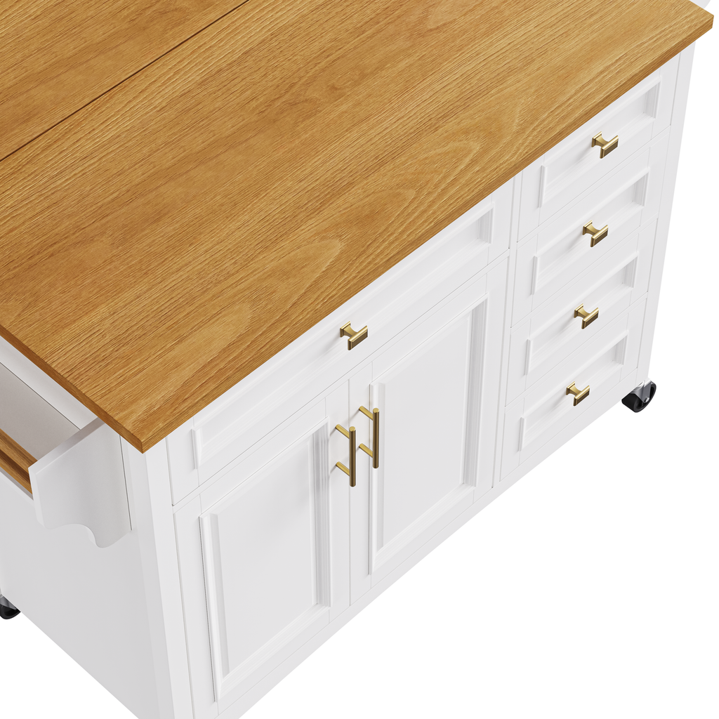 K&K 52'' Kitchen Island with Drop Leaf, Embossed Texture Kitchen Island on Wheels with Spice Rack, Towel Rack, 2 Doors and 5 Drawers, Kitchen Storage Cart with Adjustable Shelf for Kitchen, White - Grand Goldman Shop