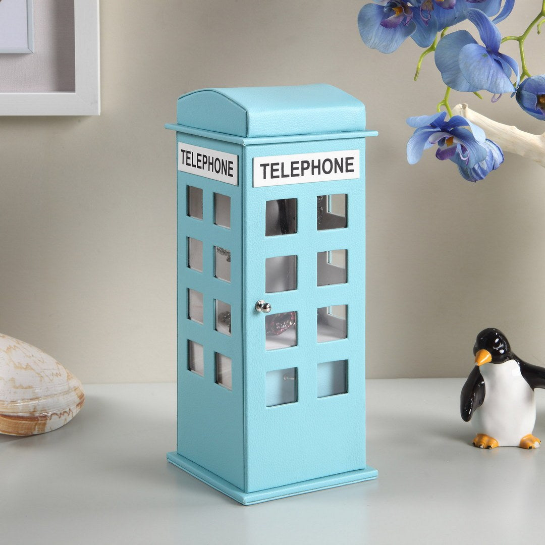 11.5' Tall Leather Jewelry Box, British Telephone Design, Pastel Blue - Grand Goldman Shop