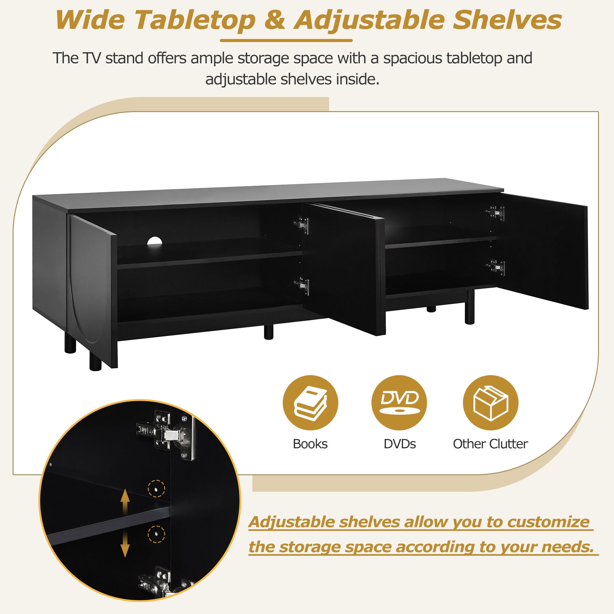 ON-TREND Graceful TV Stand with Arch Cabinets for TVs Up to 78'', Minimalist Entertainment Center with Solid Wood Legs, Practical Media Console with Adjustable Shelves for Living Room, Black - Grand Goldman Shop