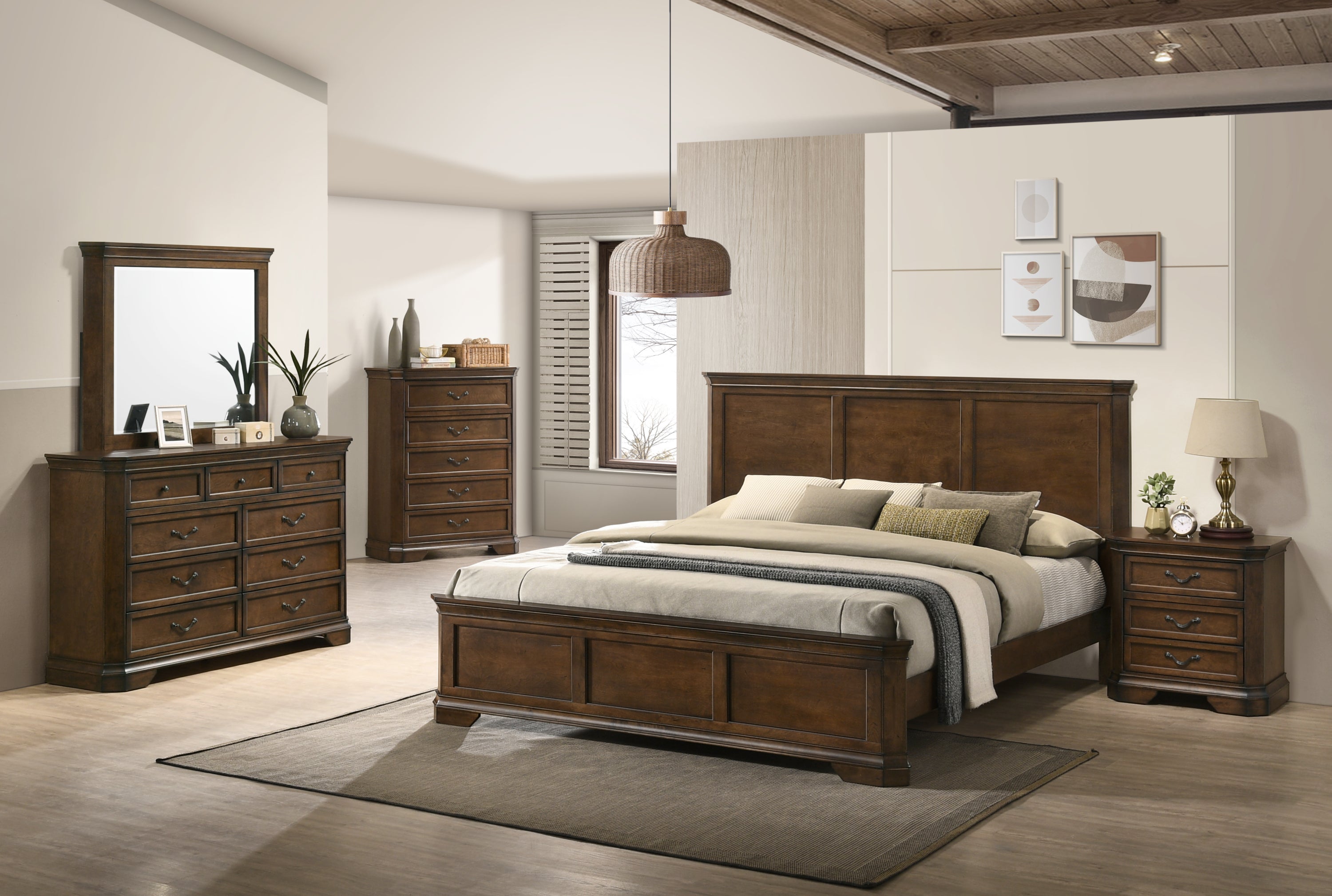 Maderne Traditional Wood Panel 5 pieces King Bed set with Dresser, Mirror, Nightstand and Chest - Grand Goldman Shop