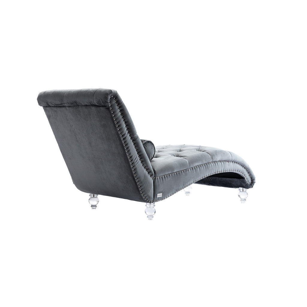 Velvet Chaise Lounge Indoor, Button-Tufted Upholstered Chaise Lounge Chair with Pillow, Silver Velvet, 63.98 Inches - Grand Goldman Shop