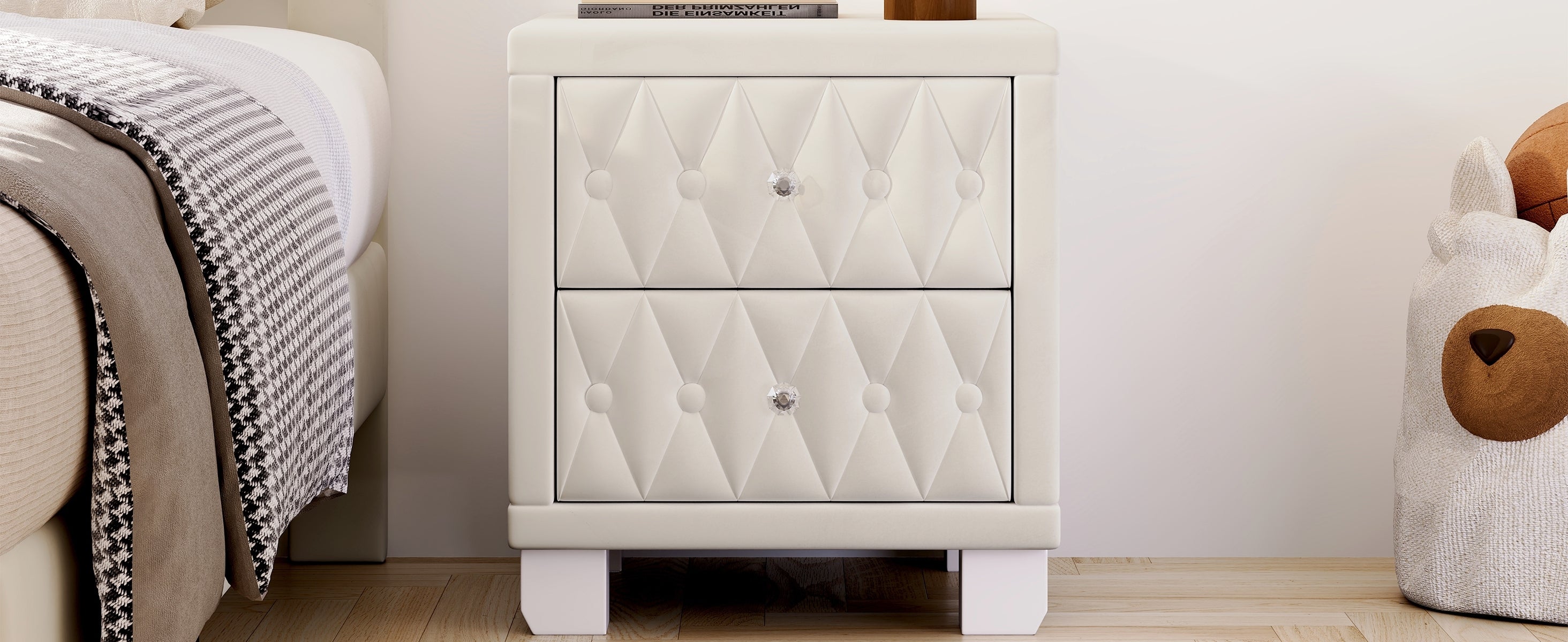 Elegant Velvet Nightstand with 2 Drawers and Crystal Handle, Storage Bedside Table with Button-Tufted, Beige - Grand Goldman Shop