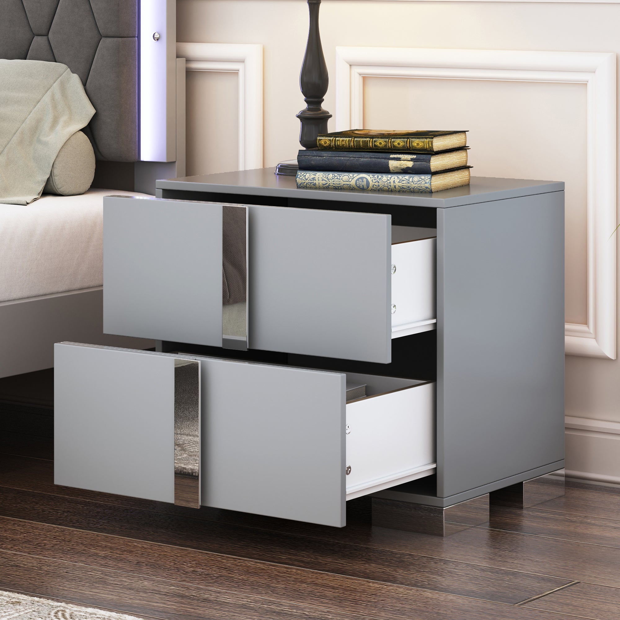 Elegant Nightstand with Metal Foot, Mirrored Bedside Table with 2 Drawers for Bedroom, Living Room, Gray (Old SKU: WF319353AAE) - Grand Goldman Shop