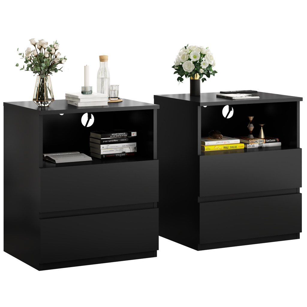 (Set of 2)End Table with Fast USB C Charging Station, Sofa Side Table with 2 Drawers, Large Storage Modern Wood Storage Cabinet for Living Room,Bedroom,Office, Black - Grand Goldman Shop