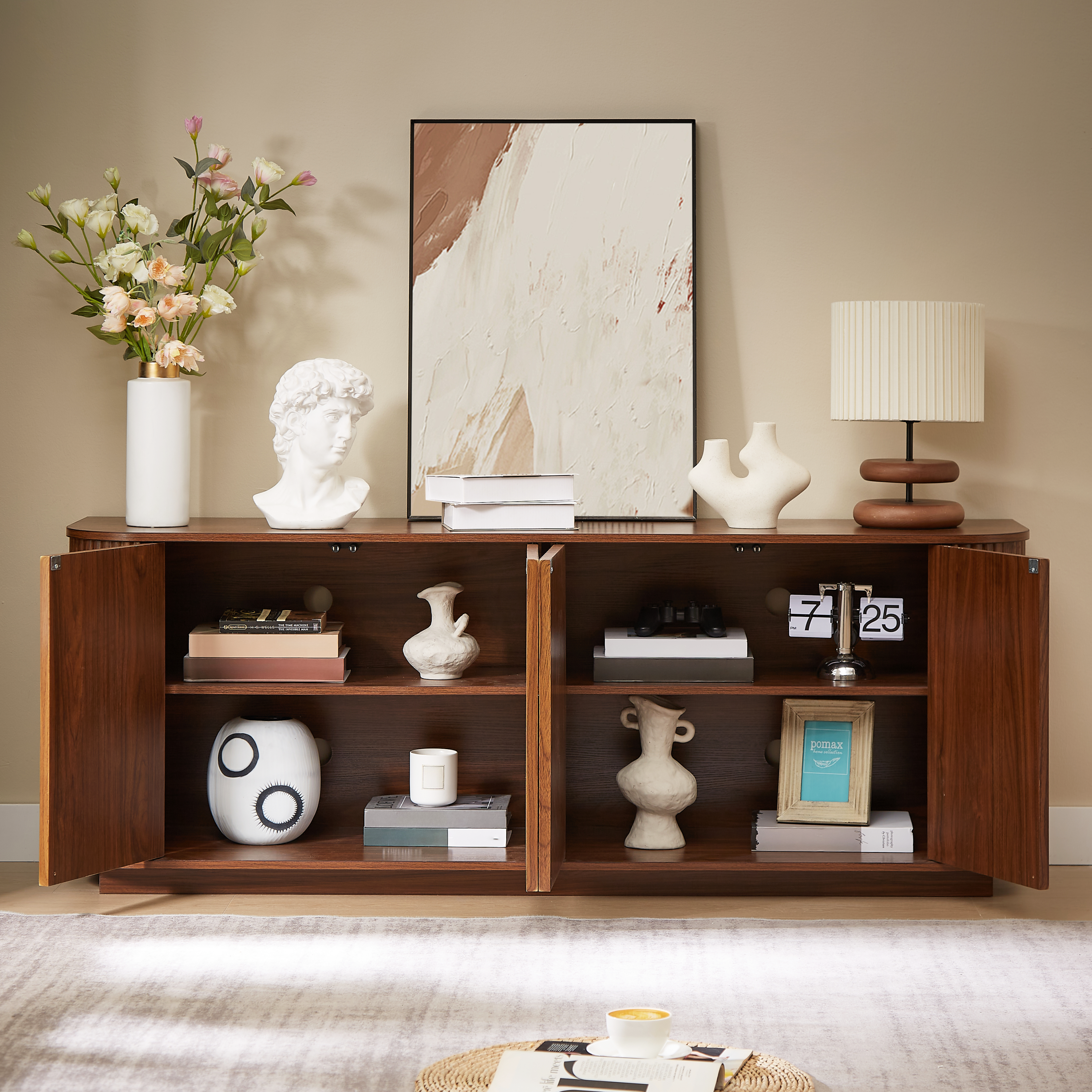 Sideboard Storage Cabinet TV Stand with wave pattern Buffet Cabinet Wooden Vertical Striped Cabinet for Kitchen/Bedroom/Entryway. Walnut, 64''W x 15''D x 24''H. - Grand Goldman Shop