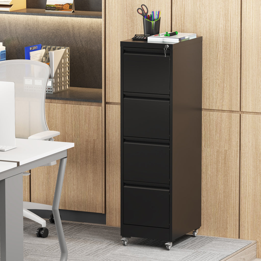 Black Heavy-Duty Metal 4 Drawer Locking Vertical File Cabinet with Wheels for Home & Office, 17.71'D x 15.16'W x 52.28'H - Gr