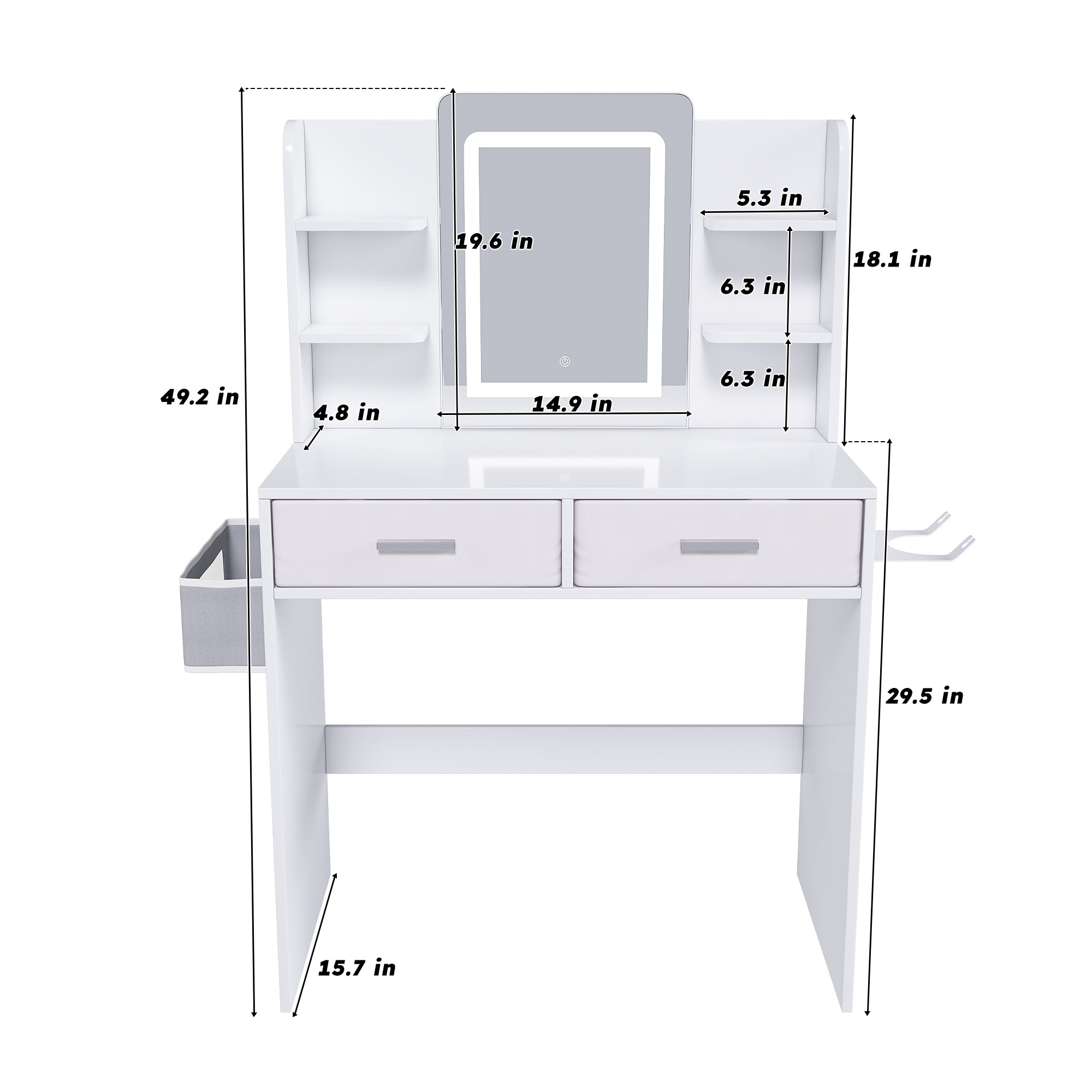 Elegant LED Mirror Vanity Dressing Table with Adjustable Lights, Drawers & Storage, White MDF, 27.56 x 15.75 Inches - Grand Goldman Shop