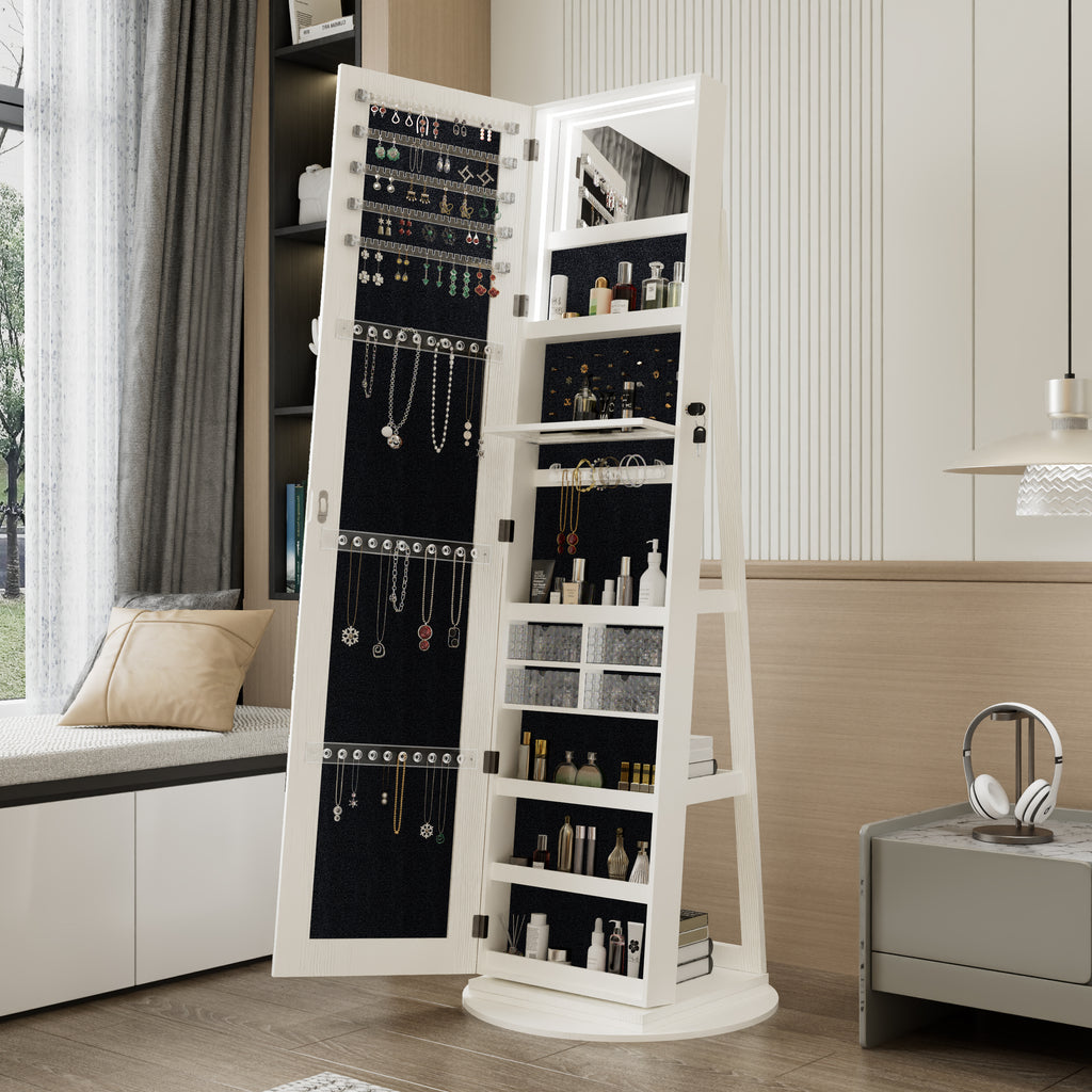 360°Swivel Jewelry Cabinet with Full Length Mirror, 360°Rotating Standing Jewelry Armoire Organizer, Lockable Storage Cabinet, Interior Lighted Mirror, White - Grand Goldman Shop