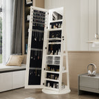 360°Swivel Jewelry Cabinet with Full Length Mirror, 360°Rotating Standing Jewelry Armoire Organizer, Lockable Storage Cabinet, Interior Lighted Mirror, White - Grand Goldman Shop
