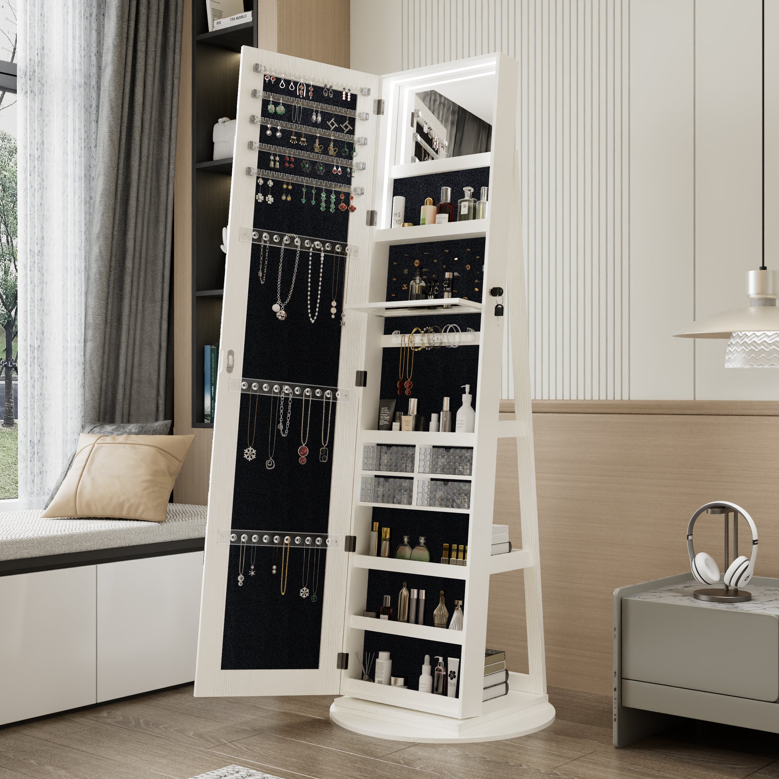 360°Swivel Jewelry Cabinet with Full Length Mirror, 360°Rotating Standing Jewelry Armoire Organizer, Lockable Storage Cabinet, Interior Lighted Mirror, White - Grand Goldman Shop