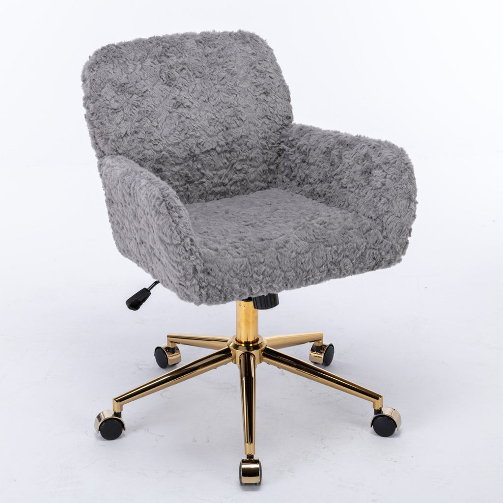 A&A Furniture Gray Adjustable Desk Chair with Artificial Rabbit Hair and Golden Metal Base - Grand Goldman