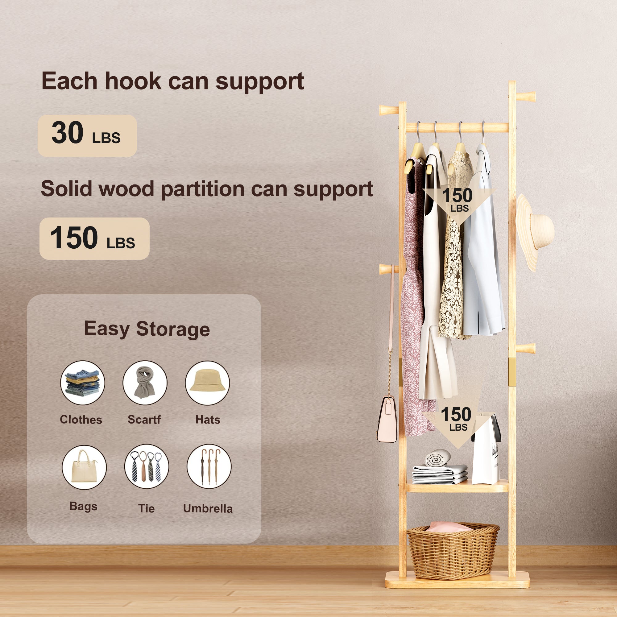 Coat Racks solid wood hanger 18.9* 11.8*71in Solid environmental protection easy to assemble beautiful can be placed in the bedroom/entrance/living room (wood color) - Grand Goldman Shop
