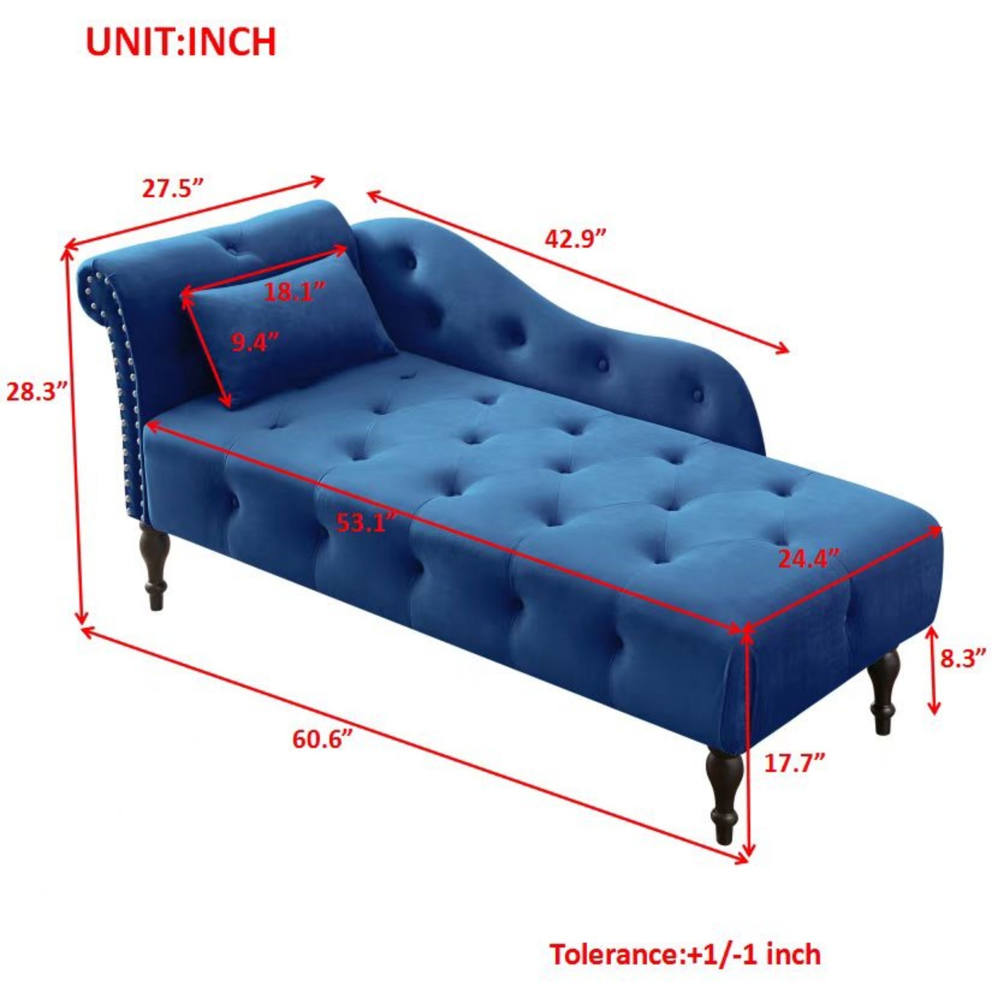 Aijia 60.6' Velvet Chaise Lounge Buttons Tufted Nailhead Trimmed Solid Wood Legs with 1 Pillow,Blue  (Left Arm Design as Shown in the Picture) - Grand Goldman Shop