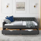 Mid-Century Style Upholstered Daybed with Drawers, Dark Grey Linen Fabric, Button Tufted Back, Copper Nail Trimmed Waved Arms, 80.5''x55.5''x27.5'' - Grand Goldman Shop