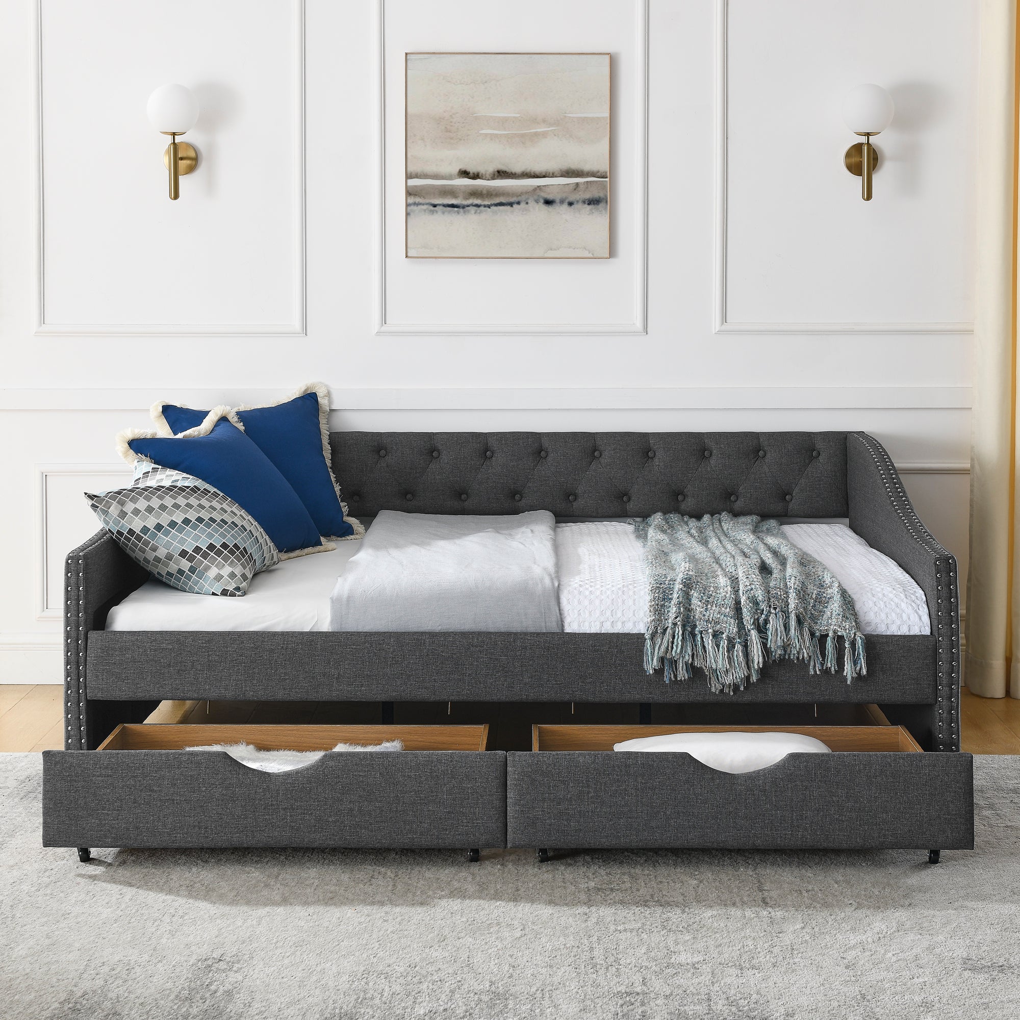 Mid-Century Style Upholstered Daybed with Drawers, Dark Grey Linen Fabric, Button Tufted Back, Copper Nail Trimmed Waved Arms, 80.5''x55.5''x27.5'' - Grand Goldman Shop