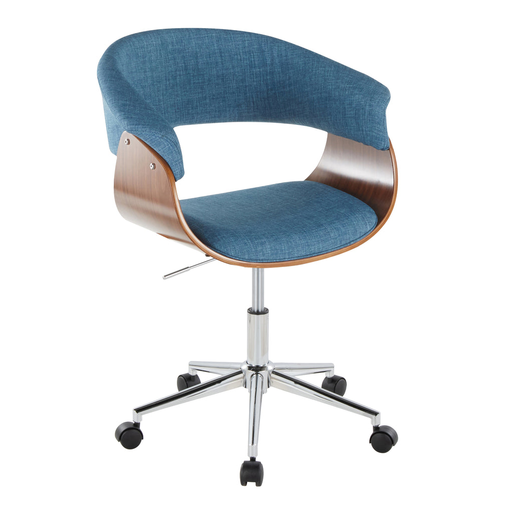 Mid-Century Modern Office Chair in Chrome Metal, Walnut Wood and Blue Fabric | Premium Home Decor - Grand Goldman
