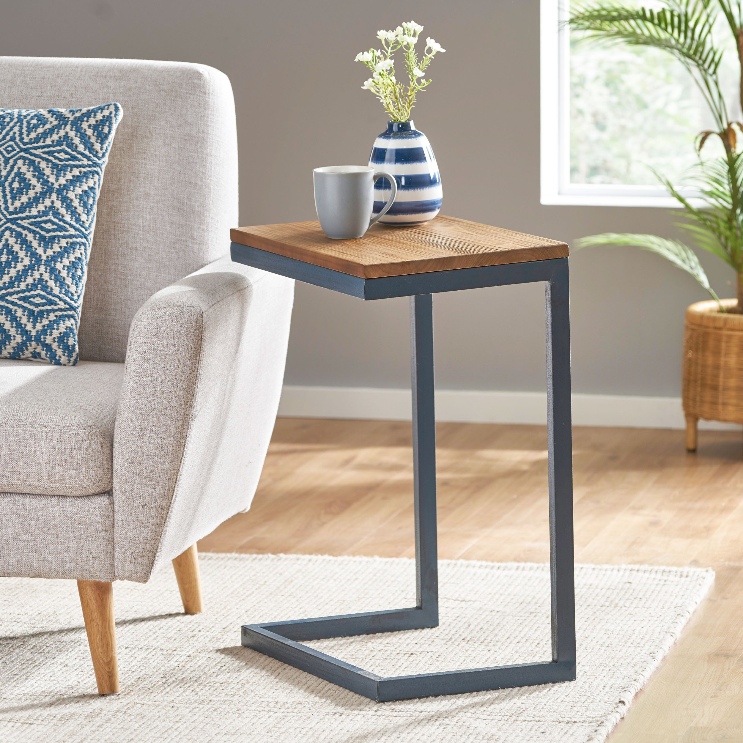 Large C-shaped End Table with Iron Base and Fir Wood Top, Black - Grand Goldman Shop