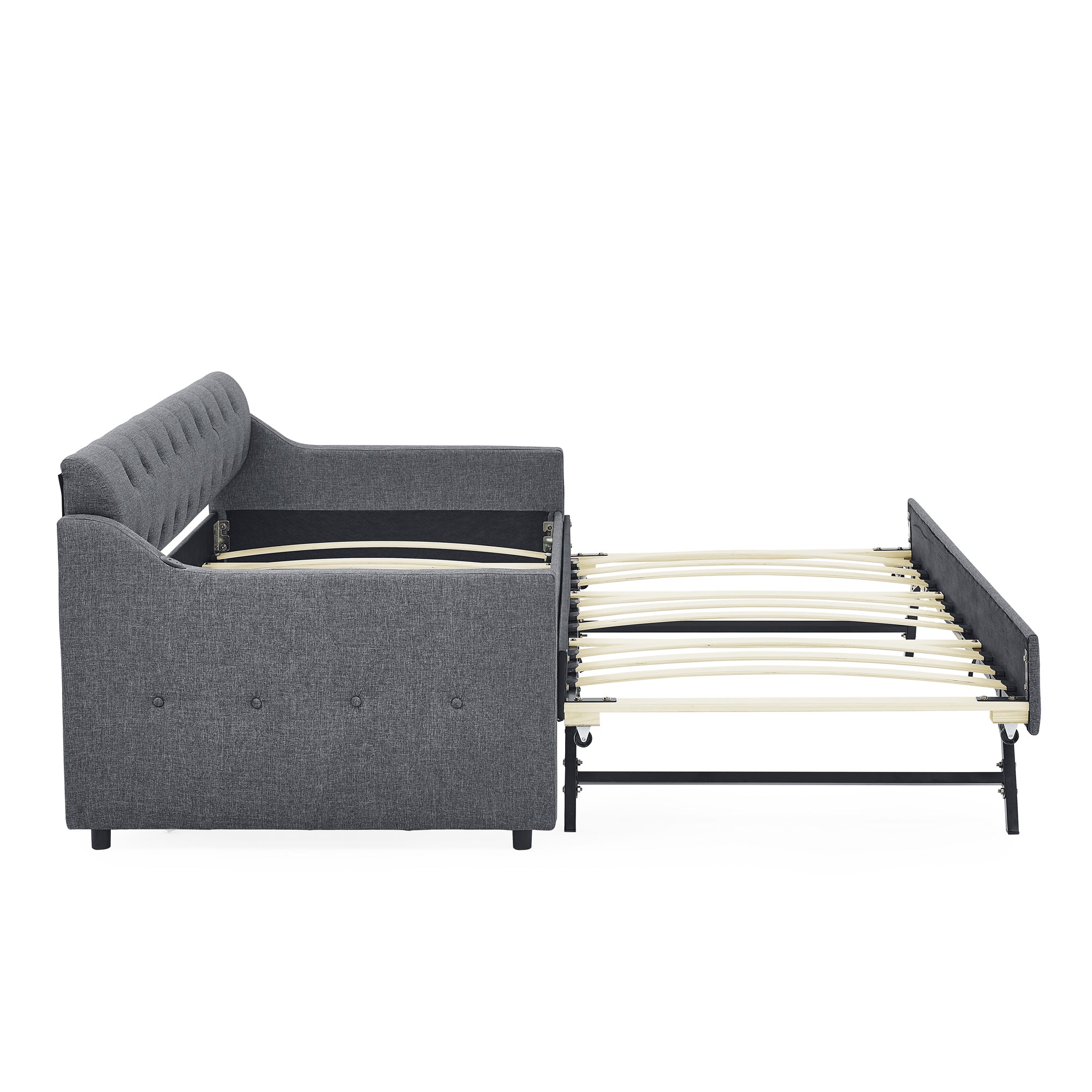 Twin Size Upholstered Daybed with Trundle and Drawers, Dark Gray Linen, Flat Arms, Extendable for Bedroom or Living Room - Grand Goldman Shop