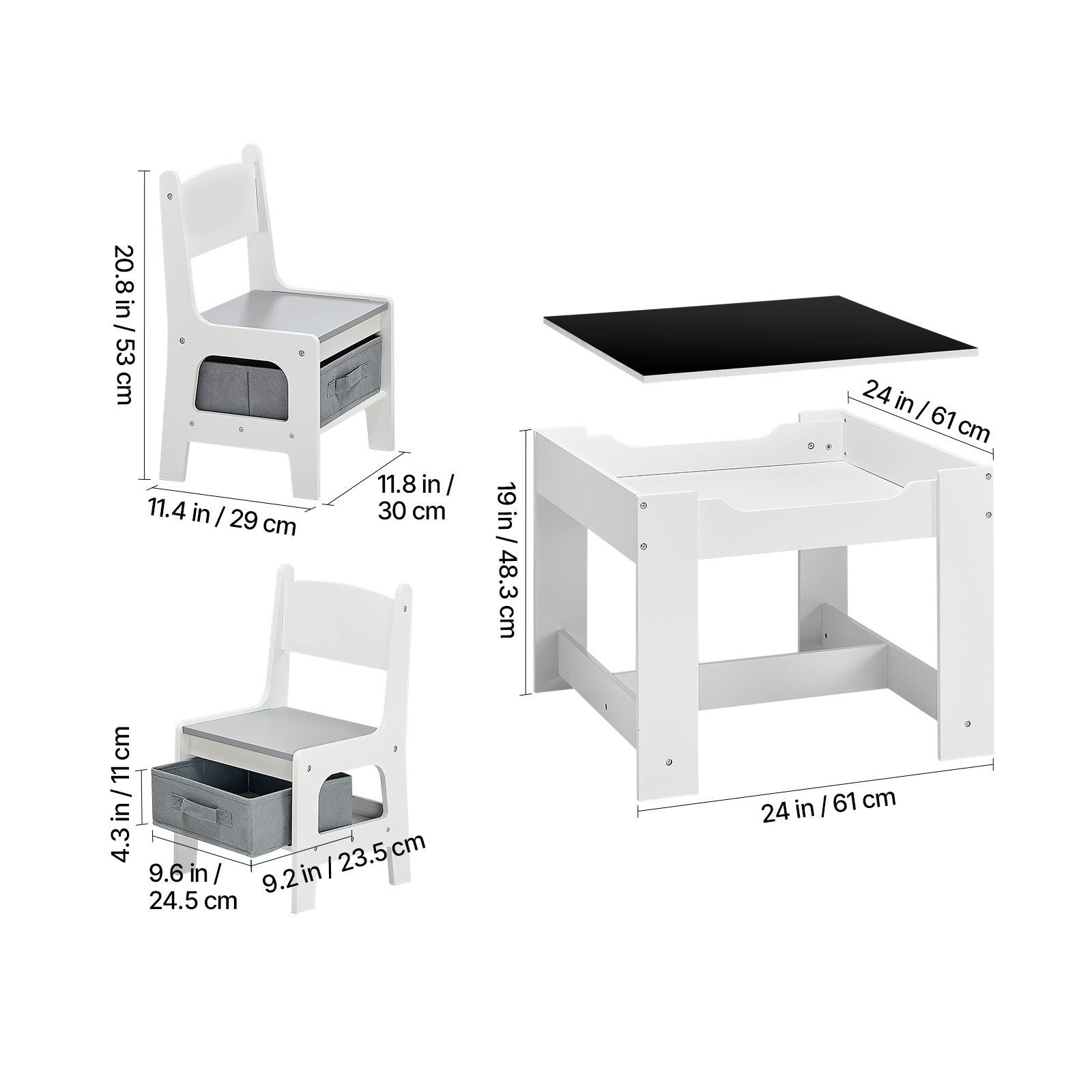 Kids Table and 2 Chairs Set, Toddler Table and Chair Set with Storage Space under the Table, Cloth Storage Box under the Chai