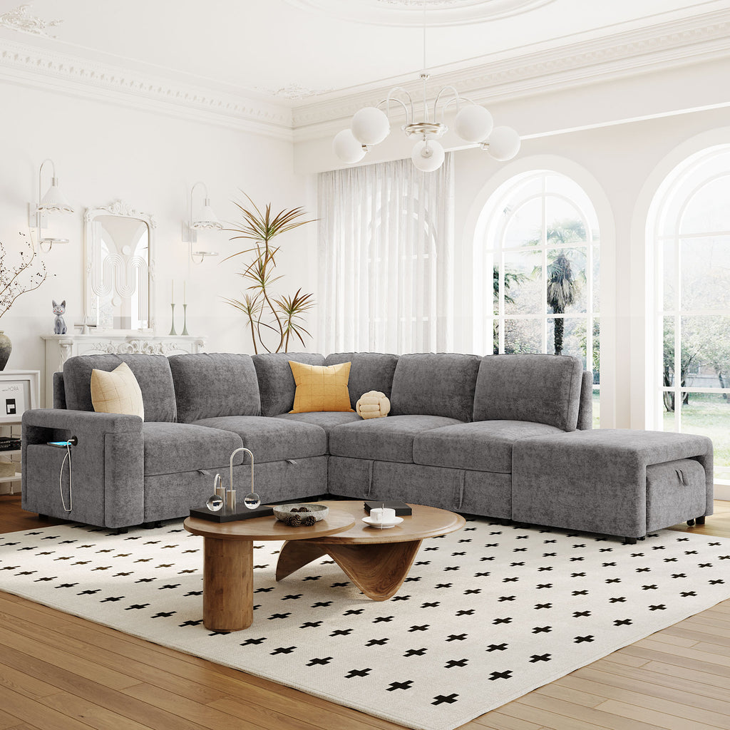 U_STYLE L-shaped Pull-Out Sofa Bed with Storage, USB Ports, and Cup Holders, Modular Design for Living Rooms, Offices & Apartments - Grand Goldman Shop